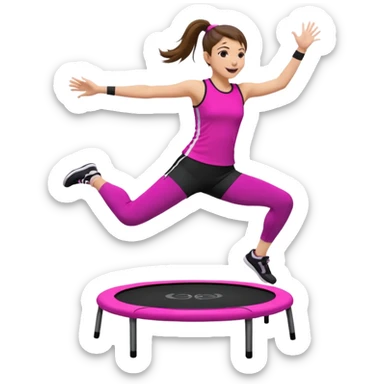 Mujer joven con cola alta y pelo marrón, saltando sobre un mini trampolín negro con bordes neón. Lleva top fucsia, calzas negras y zapatillas blancas. Brazos abiertos, rodillas flexionadas y expresión alegre, en pleno salto con líneas de movimiento.
 sticker