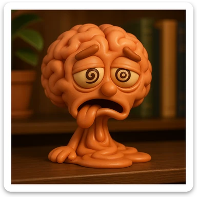 Create a 3D cartoon brain character with a dazed expression, melting or spiraling, in the same style as the provided bobblehead reference image. sticker