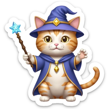 cat wizard with magic wand casting spell sticker
