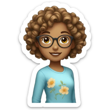 Cute light brown skin girl with curly hair and glasses wearing a light blue top sticker