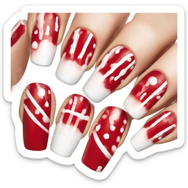 Long red and white acrylic nails on medium skin ton sticker