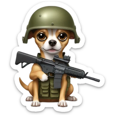 chihuahua with military helmet and a rifle on his hands sticker