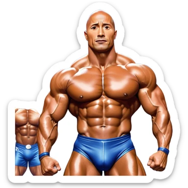 Dwayne Johnson, covered in oil, on stage at a Mr. Universe bodybuilding competition, striking a 'Side Triceps' pose. His defined muscles gleam under the bright lights, with the audience and judges in the background, capturing the intense focus and strength of the moment. Transparent background. sticker