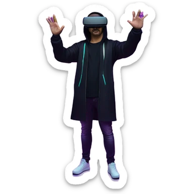 Russian man wearing a black hoodie with "OMG" letters on it and VR headset oculus quest 2 in a cyberpunk VR environment with violet neon lighting. Showing direction with hand sticker
