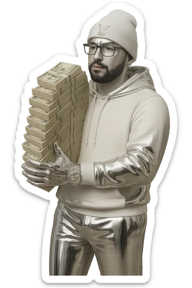 Remove the background, making it transparent. Keep all previous changes: person with white skin tone, black goatee and facial hair, white hoodie, white sweats, white Louis Vuitton beanie, Cartier glasses, realistic money, everything else chrome, AMG in the background. sticker