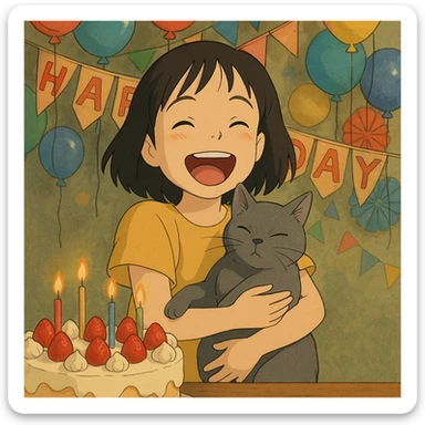 asian girl laughing, holding a grey cat, birthday party, ghibli style sticker