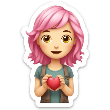 Cute women pink-haired with a heart in the hands. Blushing and have little cute corn sticker