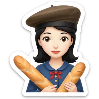 girl with black hair with a french hat and holding a baguette sticker