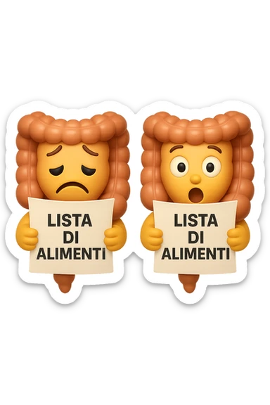 EMOJI STILE IPHONE DI UN INTESTINO CHE LEGGE UN FOGLIO CON LA SCRITTA "lista di alimenti" ed espressione triste in volto, ESPRESSIONE STUPITA IN VOLTO, IPERREALISTICO 4K sticker
