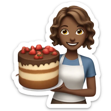 happy white girl- brown hair- cooking holding food cake  sticker