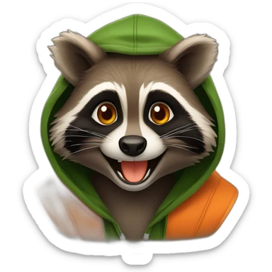 brown raccoon with orange eyes and a dark green hood that is laughing sticker