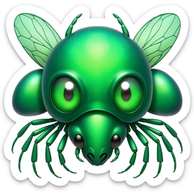 Cinematic Noble Green Bugdie Portrait Emoji, Poised and regal, with a tiny, delicate build and a vibrant, well-detailed emerald exoskeleton, deep-set soulful multifaceted eyes, Simplified yet sharp and sophisticated features, highly detailed, glowing with a soft, dignified glow, high shine, intelligent and alert, stylized with an air of miniature majesty, focused and attentive, soft glowing outline, capturing the essence of a watchful and confident insect, so majestic it feels as though it could scuttle out of the screen with effortless authority! sticker