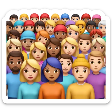3D iPhone style emoji of a crowd of people, diverse individuals standing close together, colorful clothing, isolated on white background, soft shadows, high detail, playful and cute. sticker