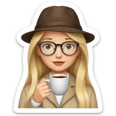 long hair blonde woman drink coffe with hat and glasses sticker