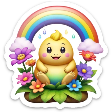3D, Kawaii derpy fat rainbow monster sitting in a magical rainbow hued flower, rich textures, visually detailed, so lifelike that it feels like it could leap off the page at any moment sticker