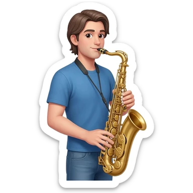 tall white boy with a medium length MIDDLE PART, playing alto saxophone. the boy is wearing jeans and a blue t shirt. sticker