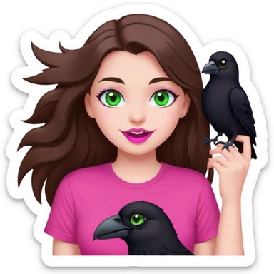 mid sized white skinned girl with green eyes and long brown hair holding a nice black raven smiling maniacally in a pink t-shirt with pink lips sticker
