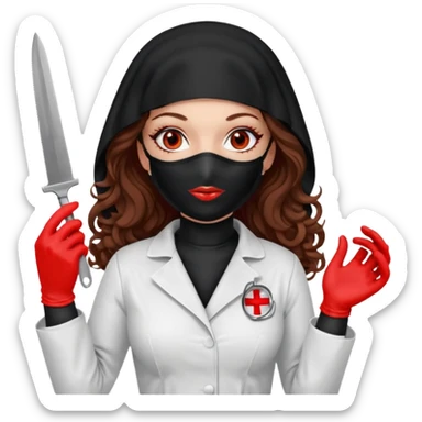 


Scary woman scalpel in hand, evil surgeon sexy surgeon clothes.  She has redcolored  eyes. Her  hair only is free ne brown long curly hair. Wears sexy doctor outfit with red gloves. make her wear full Muslim burka to mask and nose mouth mask  to hide. Wears white surgeon coat, wears  stilettos sticker