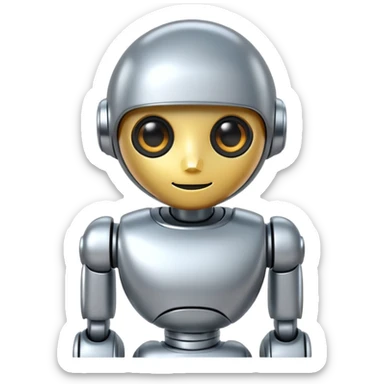 A cute futuristic robot emoji made of silver chrome, rounded friendly body, minimal facial features, glossy metallic surface, soft reflections, iOS emoji style, centered, clean white background sticker