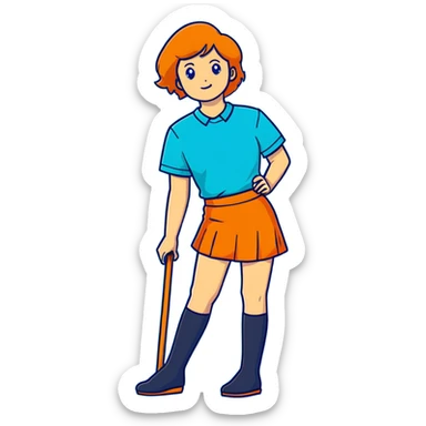 woman wearing teal wrap shirt, blue a-line skirt, light blue knee-high socks sticker