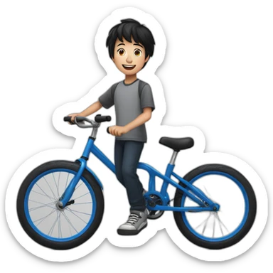 a ten-year-old boy with black hair and blue eyes with freckles juggles on a unicycle sticker