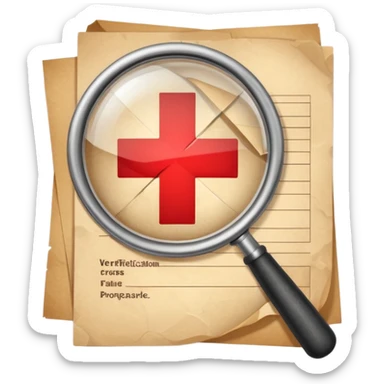Emoji-style illustration of a paper with a magnifying glass showing a red cross, symbolizing verification failure or fake paperwork. Cute, professional, informative design sticker