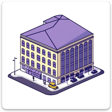 Isometric Marks & Spencer food hall building exterior with typical British architecture, covered entrance, and car park with black London taxi sticker