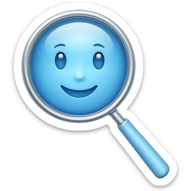 A 3D emoji-style magnifying glass, smooth rounded shapes, soft gradient blue ring, glossy plastic material, subtle highlights and reflections, simple minimal design, pastel blue color, slightly thick proportions, soft lighting, clean white background, modern emoji aesthetic, centered composition sticker