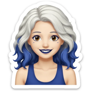 woman with wavy long white hair and brown eyes. She has dark blue lipstick. smiling in a grunge tanktop sticker