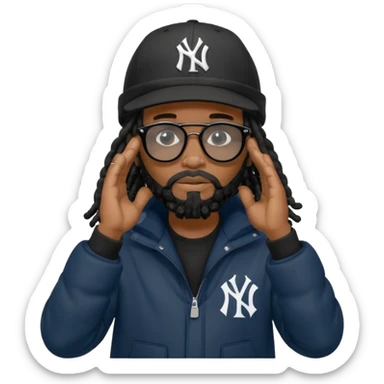 African American man with shoulder length black dreadlocks with black beard wearing black sunglasses with black bubble winter coat wearing a New York Yankees baseball hat with his hands on top of head in thinking position sticker