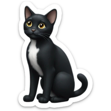 Black cat standing, the cat has white paws and white chest sticker