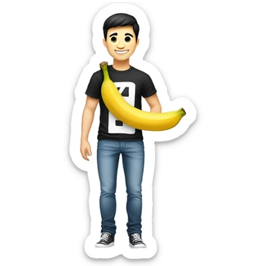 Handsome young man smiling emoji. Closed eyes, slightly blushing cheeks. Short black hair. Big smile. Wearing a smiling banana t-shirt. Playful expression with a slight touch of defiance sticker