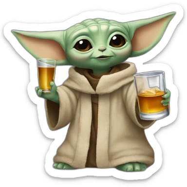 small baby Yoda holding up a big bottle of whiskey sticker