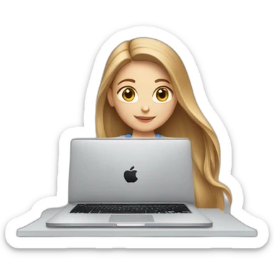 white girl with light brown straight long hair and apple laptop sticker