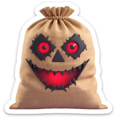 terrifying burlap sack face with jagged stitches and glowing red eyes sticker