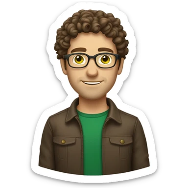 Caucasian male, shoulder length curly brown hair, green eyes, brown glasses, stubble sticker