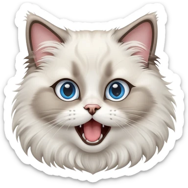 cinematic-adorable-big-eyed-fluffy-ragdoll-cat-portrait-emoji,-head-tilted-playfully-with-a-cute,-exaggerated-yawn,-white and grey fur,-simplified-yet-irresistibly-cute-features, blue eyes sticker