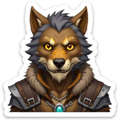 Cinematic Realistic WoW Worgen Portrait, head tilted epicly and inquisitively, showcasing the striking fusion of human intellect and beastly ferocity. His rugged fur and tanned skin, accented by piercing amber eyes and meticulously rendered worn leather garments, are bathed in dynamic lighting, high shine, epic and awe-inspiring, capturing the relentless spirit of a worgen at the apex of his power. sticker