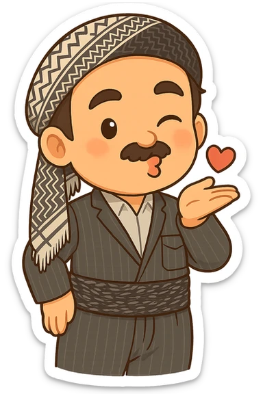 Cartoon sticker of a Kurdish man with the same clothes and scarf as the reference image, no changes to clothes or scarf, face with a kissing and winking expression similar to emoji 😘, colorful and cheerful, no shadows or color halos around the image, no text, suitable for WhatsApp and Instagram, fully transparent background. sticker