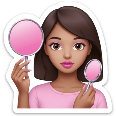 A dark brown hair beautiful eyes medium skin tone of girl carrying a pink mirror to her self and have lip stick on one of her hand look like pink pastel the packaging similar to Rhode lip  sticker