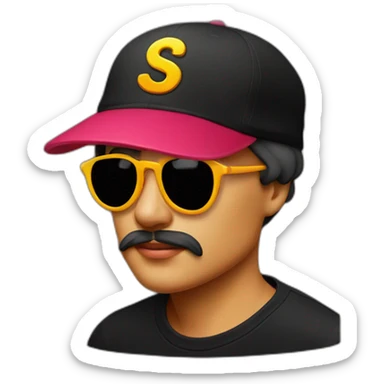 designer graphic with vintage hat has an S letter patched on the front, with cool black tshirt with colorful graphic sticker