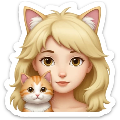There's a fluffy kitten on a girl's head, its tail wagging gently. sticker