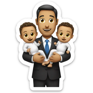a businessman holding two babies, one in each arm. He has dollar signs in his eyes sticker