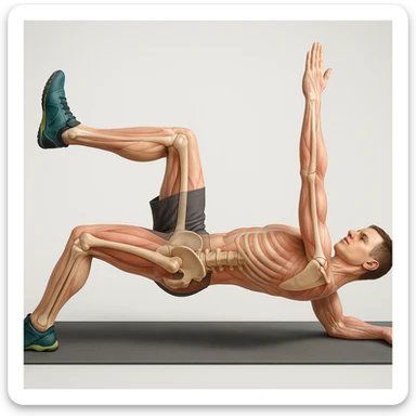 Anatomically hyperrealistic 4K depiction of a man in dead bug position, variant with opposite arm and leg raised higher, highlighting pelvis and spine bones, translucent muscles and skin, medical atmosphere. sticker