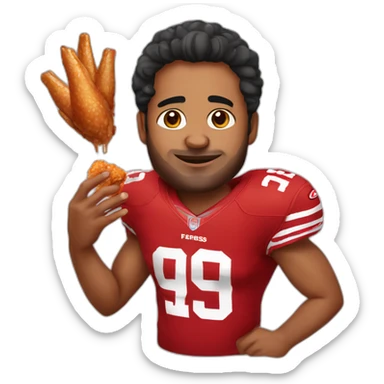 an indian male with a 49ers jersey and chicken wing dripping with sauce on his hand sticker