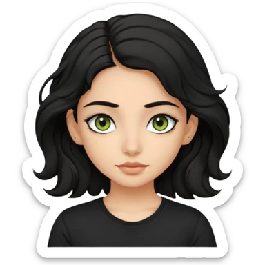 a pretty FAIR indian bratz girl with wavy black hair, wearing a black tshirt. eyeliner on, olive green eyes.  sticker