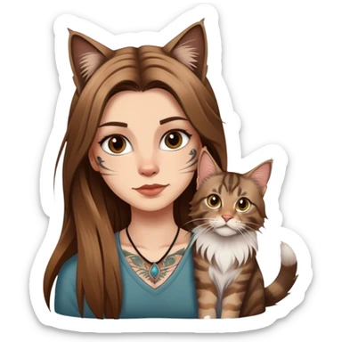 white girl with long brown  straight hair and tattoos and a tabby Maine coon cat sticker