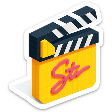 voxel style movie clapperboard with a director's signature, isometric view sticker