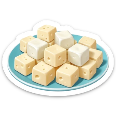 feta cheese cubes object icon, white cheese pieces on a small plate, 3D cartoon, mobile game icon style, clean background, no text, no watermark
 sticker