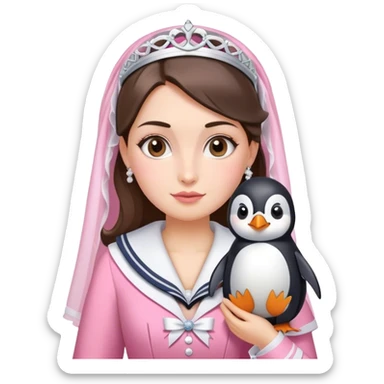 Una sposa con un vestito rosa e con un pinguino vestito da marinaio in braccio sticker